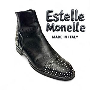 Italian Leather Studded Ankle Boots Estelle Monelle Black Block Heel EU38/US7.5